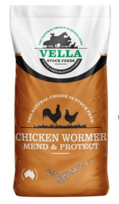 Vella Stock Feeds chicken wormer packages on a white background
